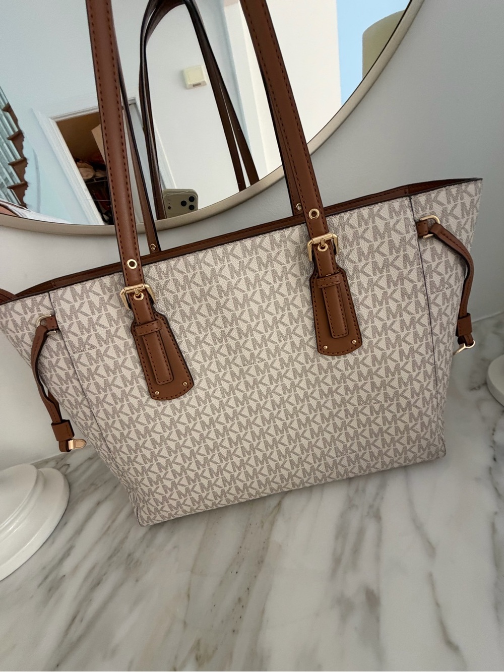 Michael Kors Cream and Brown MK Signature Shoulder Tote - Picture 3 of 11